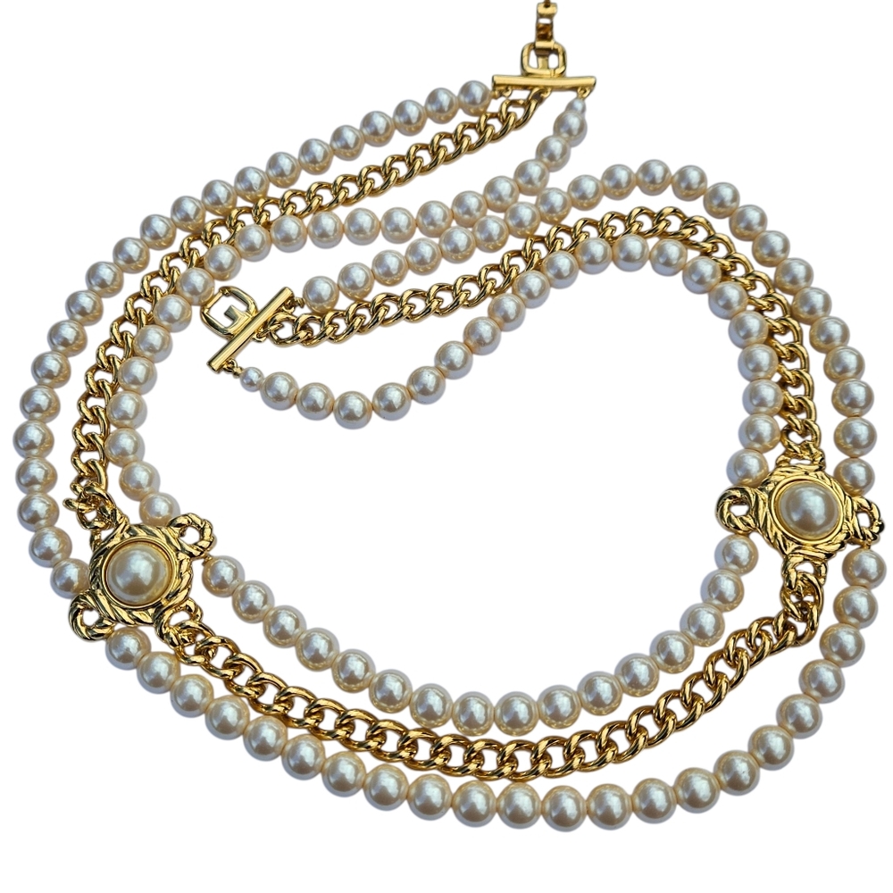 Vintage Givenchy Necklace Multistrand Faux Pearl Gold Chain Dressy Gala Necklace - Picture 10 of 16